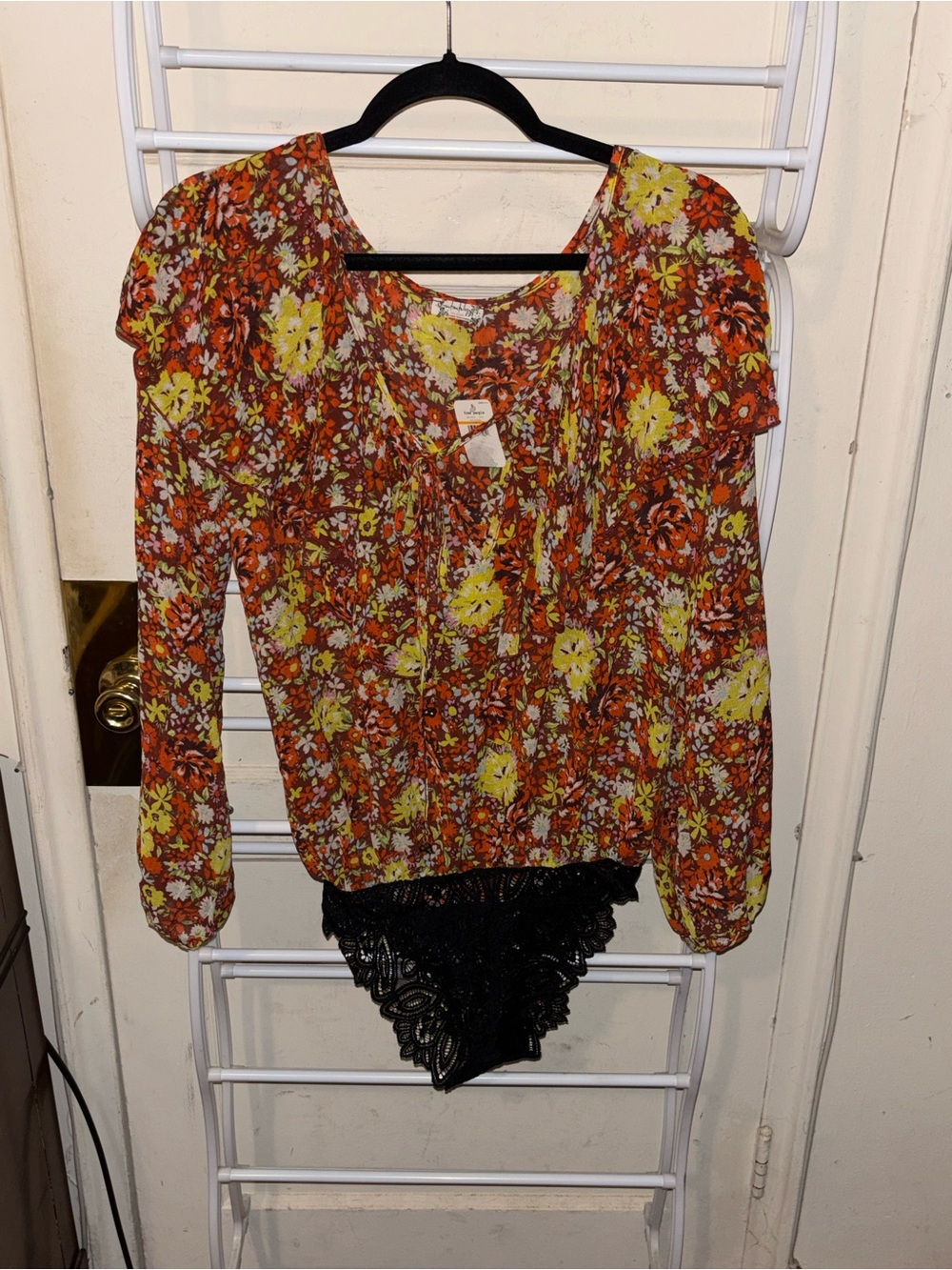 Free People Floral Long-Sleeve Blouse in Rust and Yellow Boho Hippie